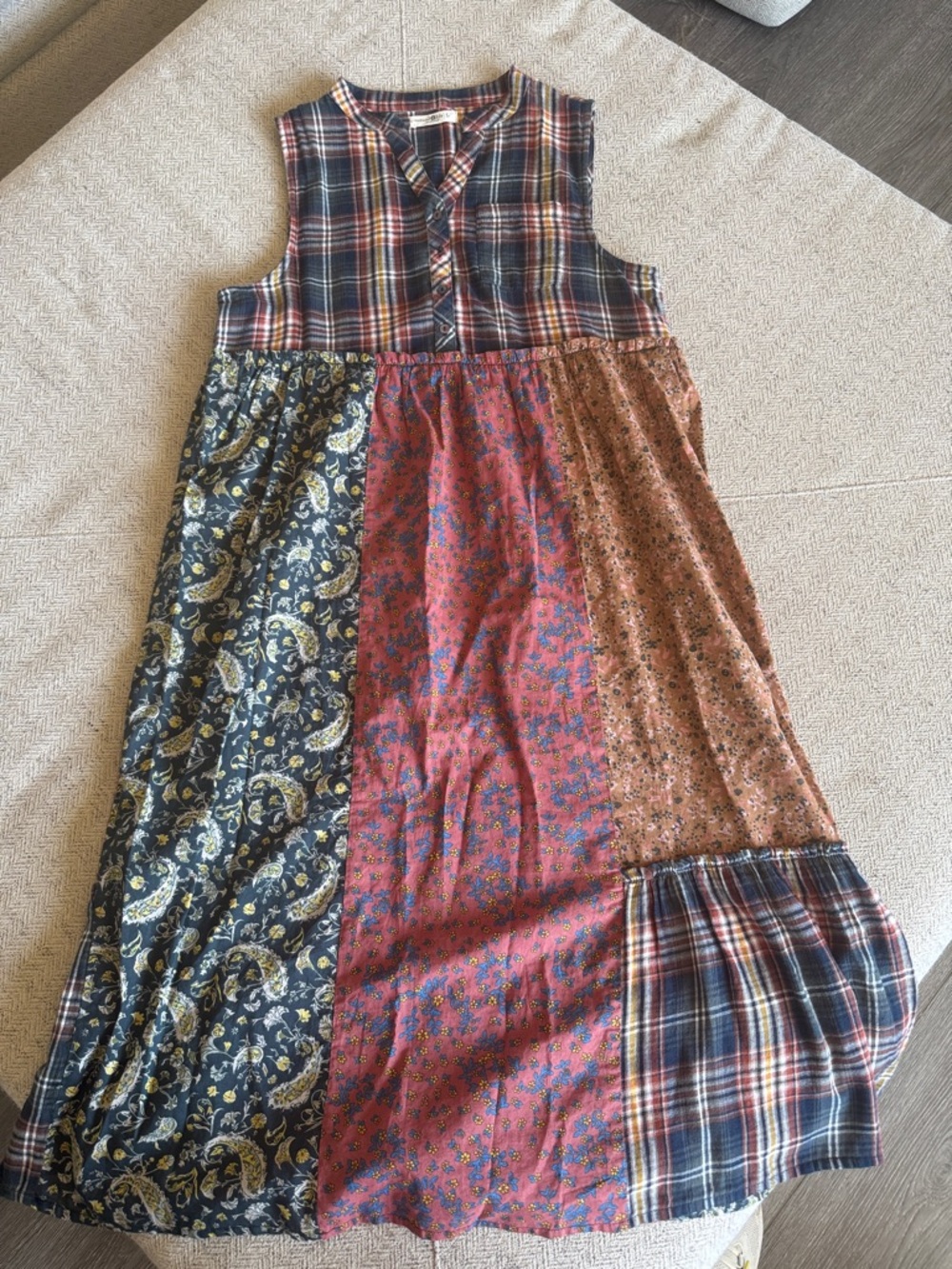 NATURAL LIFE Mixed-Print Sleeveless Patchwork Dress in Navy, Red & Yellow